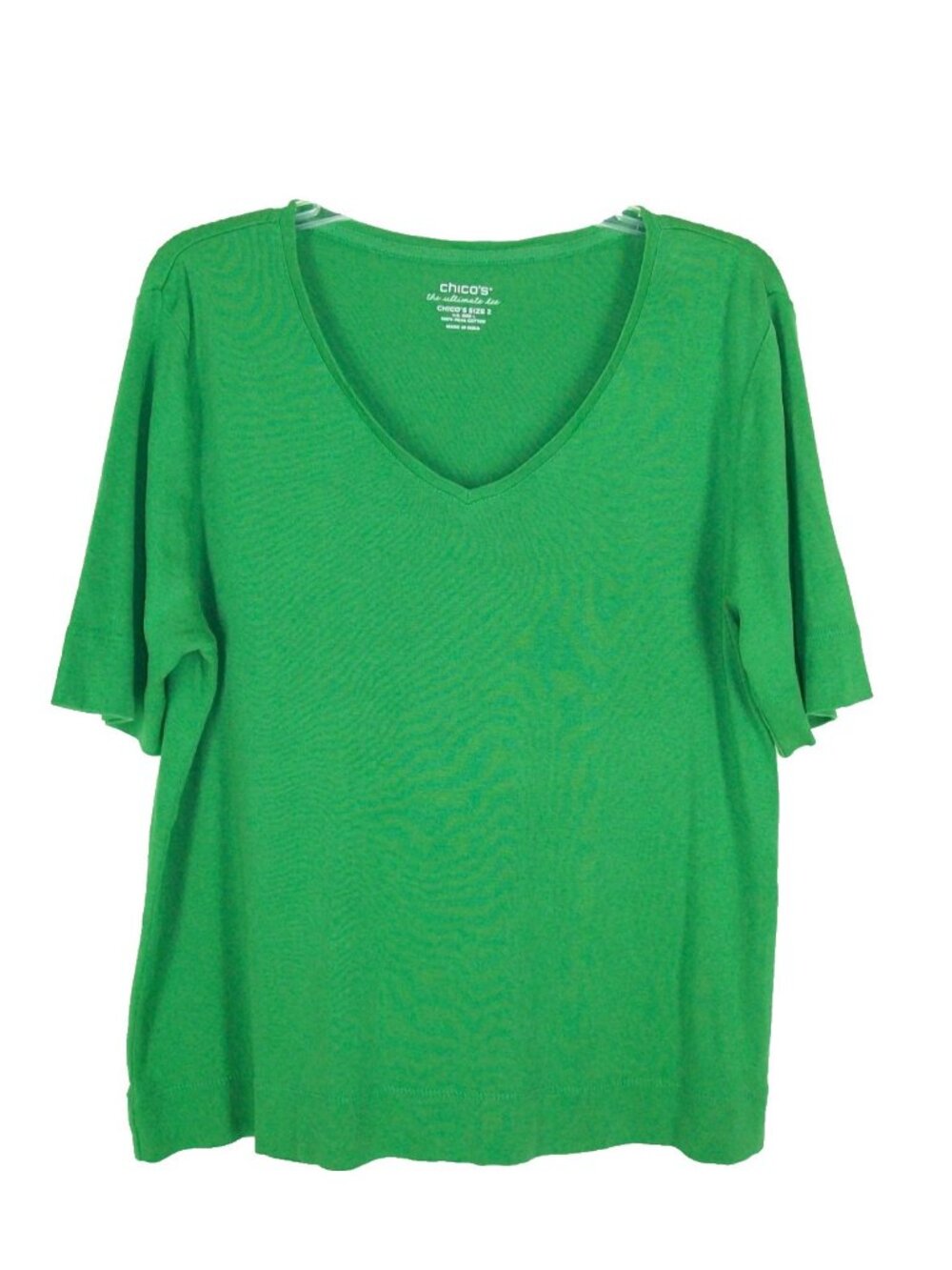 Chicos Ultimate Tee Green Tshirt Top 2 L Pima Cotton Vneck Elbow Length Sleeves